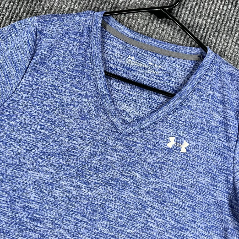 Under Armour Shirt Womens Medium Blue Short Sleeve V Neck Loose Fit Heat Gear